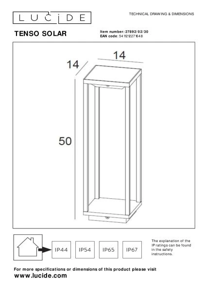 Lucide TENSO SOLAR - Bollard light Outdoor - LED - 1x2,2W 3000K - IP54 - Anthracite - technical